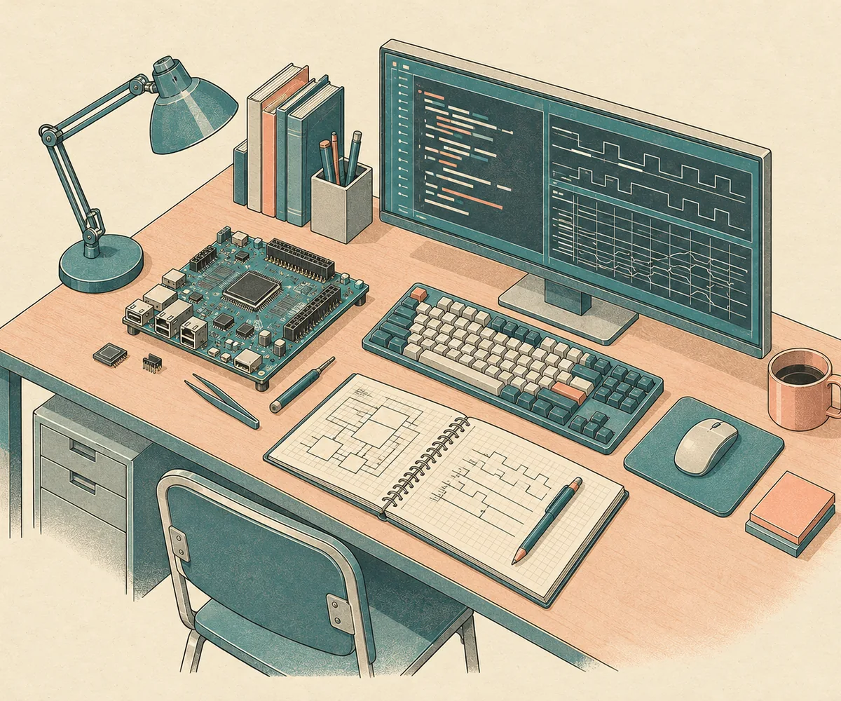 A vintage workbench with a circuit board, code and waveforms